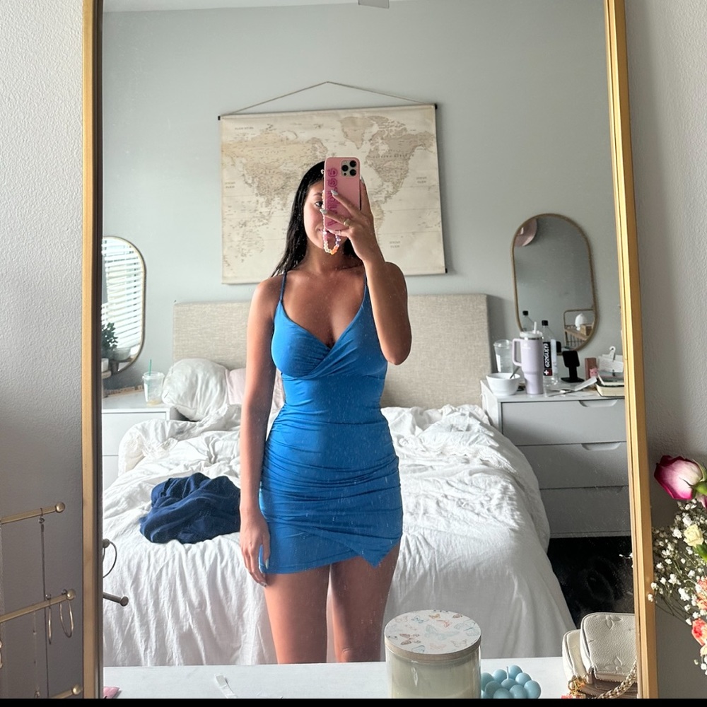 Plunging V Neck Asymmetrical Mini Dress - Windsor - Blue
